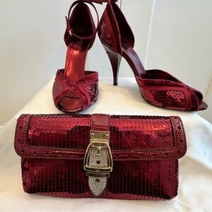 Rare Gucci Broadway Bordeaux Burgundy Velvet Sequins Clutch and Heels Set 6.5
